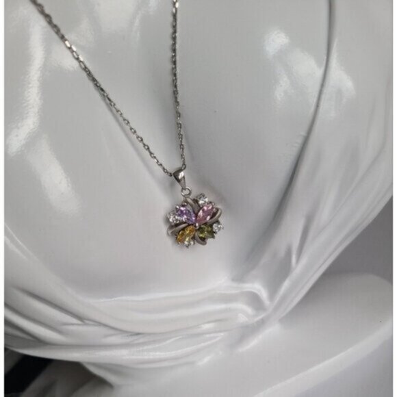 Vintage Boho Sterling Silver Multi Coloured Crystal Stone Flower Necklace - Picture 5 of 15